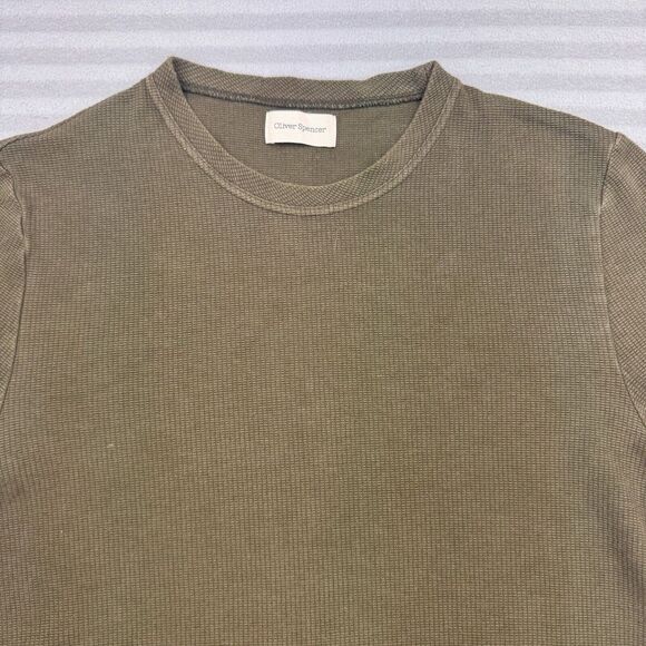 Oliver Spencer Thermal L Olive Green Long Sleeve Waffle Cotton Pullover Shirt - Picture 2 of 8